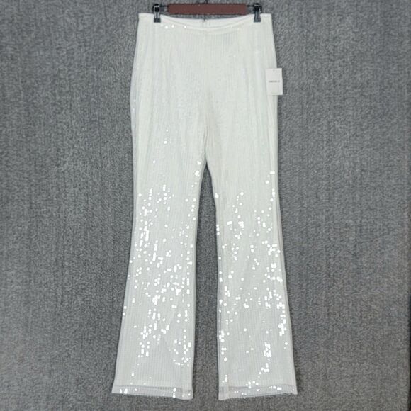 Forever 21 Pants Womens Large White Sequined Flare Disco Party Holiday 30x32 - Picture 1 of 15
